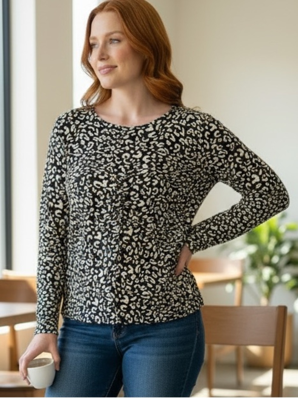 CAbi Black and Cream Leopard Print Long Sleeve Top
